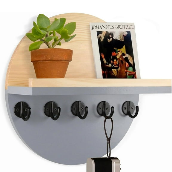 HofferRuffer Key Holder for Wall with Shelf, Wood Mail Organizer, Wall Mounted Rack with Shelf & 5 Hooks for Entryway, Living Room, Gray