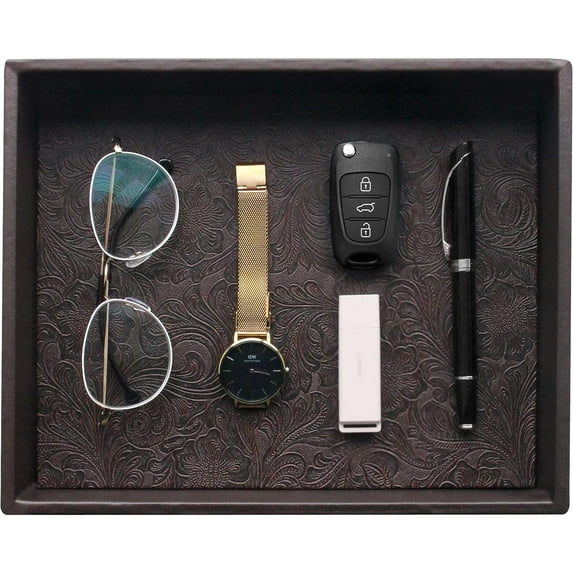 HofferRuffer Leather Jewelry Tray, 10" x 8" Brown Square Decorative Tray for Table Living Room