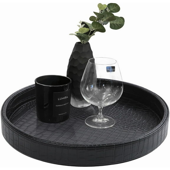 HofferRuffer Round Serving Tray, Leather Decorative Breakfast Food Tray for Kitchen Dishes Storage Drinks, Snack & Cosmetics, 12'' x 1.6'' (Black)