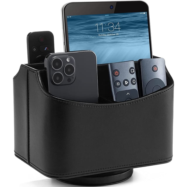 HofferRuffer Remote Control Holder, 360 Degree Spinning, PU Leather Desk Organizer, 5 Compartments Storage (Classic Black)