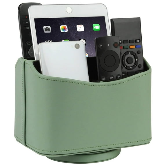 HofferRuffer Remote Control Holder, 360 Degree Spinning, PU Leather Desk Organizer, 5 Compartments Storage (Light Green)