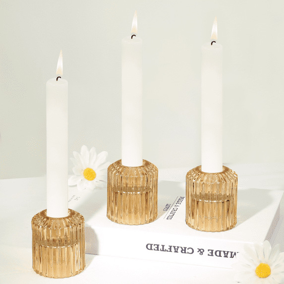 HofferRuffer Ribbed Glass Candle Holders, 2 in 1 for Home Decor Weddings Table, Amber, Set of 3