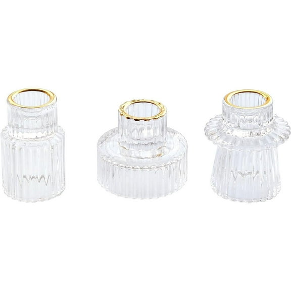 HofferRuffer Set of 3 Taper Glass Candle Holders, Tealight Candlestick Holders for Table Centerpieces, Festival, Wedding Decor and Dinner Party (Gold Rim Clear)