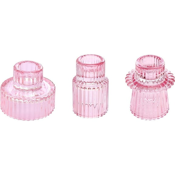 HofferRuffer Set of 3 Taper Glass Candle Holders, Tealight Candlestick Holders for Table Centerpieces, Festival, Wedding Decor and Dinner Party (Pink)