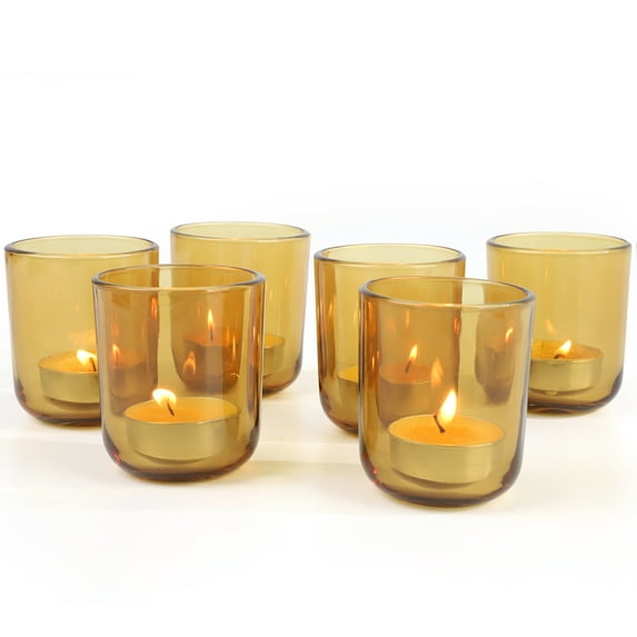 HofferRuffer Set of 6 Glass Votive Candle Holders, Amber Tealight Candle Holder for Wedding Parties Holiday Festival and Home Decor (2.2 x 2.2 x 2.55 inch)