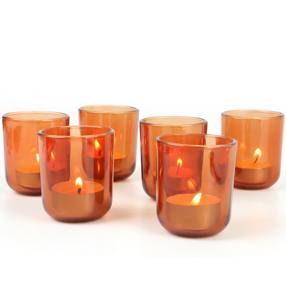 HofferRuffer Set of 6 Glass Votive Candle Holders, OrangeRed Tealight Candle Holder for Wedding Parties Holiday Festival and Home Decor (2.2 x 2.2 x 2.55 inch)