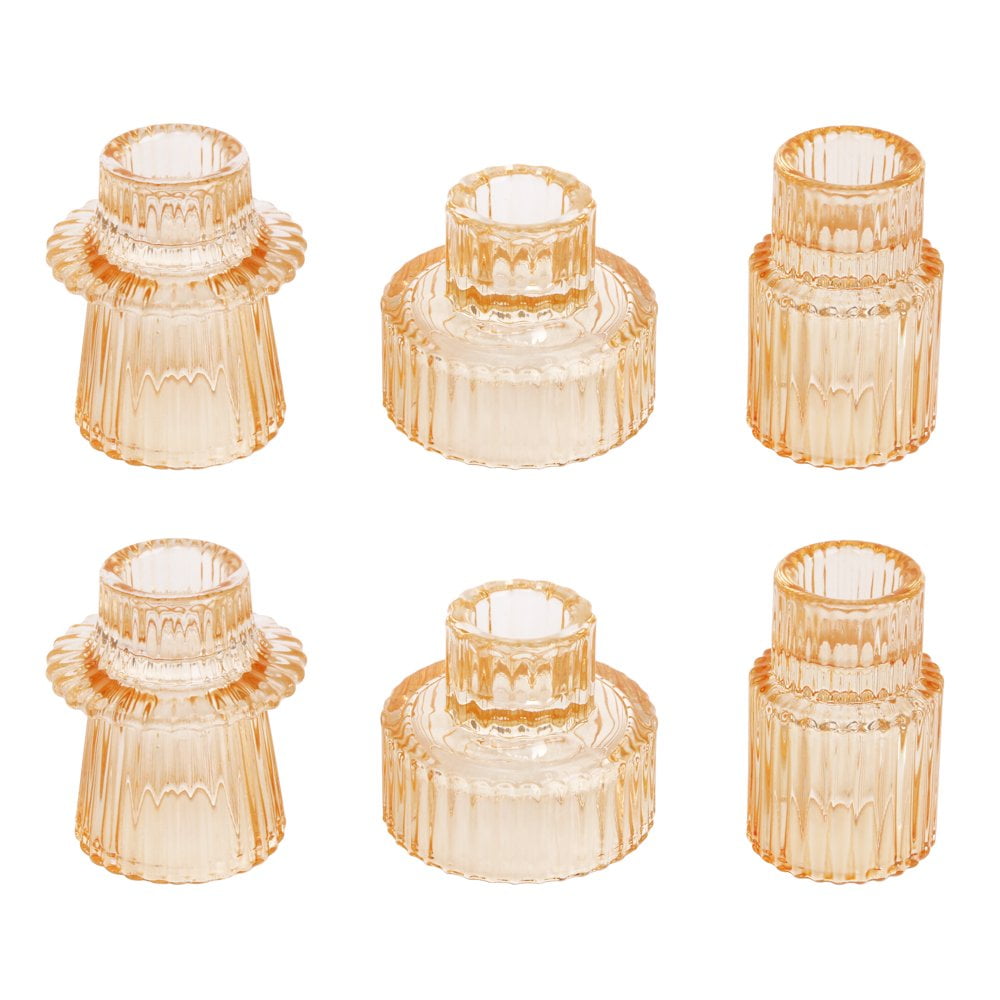 HofferRuffer Set of 6 Taper Glass Candle Holders, Tealight Candlestick Holders for Table Centerpieces, Festival, Wedding Decor and Dinner Party (Yellow)