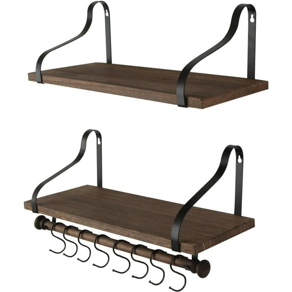 HofferRuffer Set of 2 Floating Shelves, 17*8" Wood Wall Mount Shelves with 8 Hooks for Home, Natural
