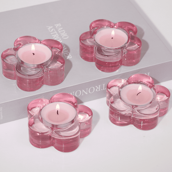 HofferRuffer Set of 4 Glass Candle Holder, Pink Tealight Candle Holder for Table Center, Wedding, Party, Christmas, Halloween, Home Decor