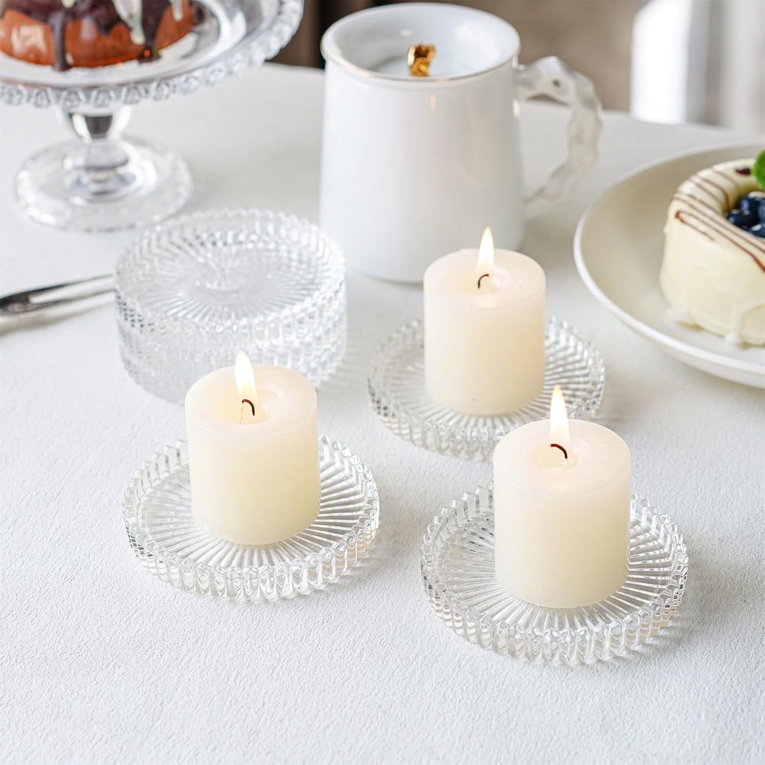 HofferRuffer Set of 6 Hurricane Pillar Candle Holders, 3.8 Inch Round Glass Candle Plate for Table Centerpieces, Wedding Party and Home Decor, Clear