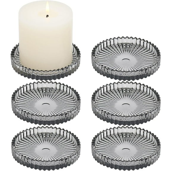 HofferRuffer Set of 6 Hurricane Pillar Candle Holders, 3.8 Inch Round Glass Candle Plate for Table Centerpieces, Wedding Party and Home Decor, Gray