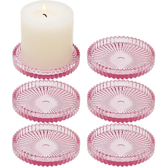HofferRuffer Set of 6 Hurricane Pillar Candle Holders, 3.8 Inch Round Glass Candle Plate for Table Centerpieces, Wedding Party and Home Decor, Pink