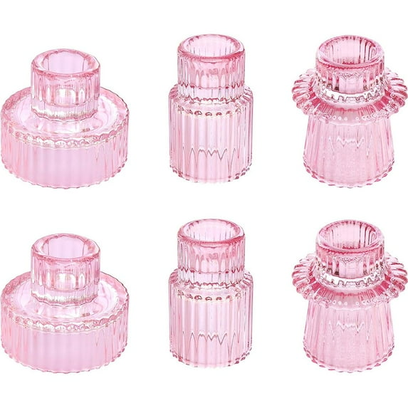 HofferRuffer Set of 6 Taper Glass Candle Holders, Tealight Candlestick Holders for Tabletop (Pink)