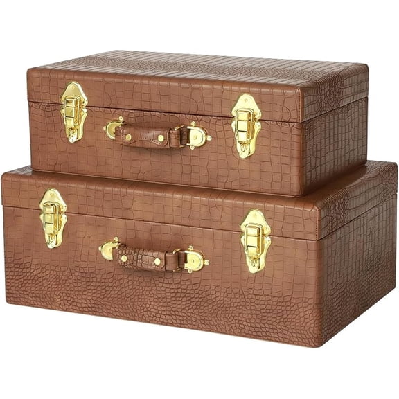 HofferRuffer Storage Trunks with Wood Frame, Set of 2 PU Leather Storage Chests with Handles, Nesting Decorative Boxes Organizer Hinged Lid with Gold Hardware Accents for Home Storage Decor (Brown)