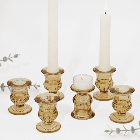 HofferRuffer Taper Glass Candle holder, Set of 6 for Table Centerpiece Wedding Decor, Amber (1.9*1.9*2.5in)