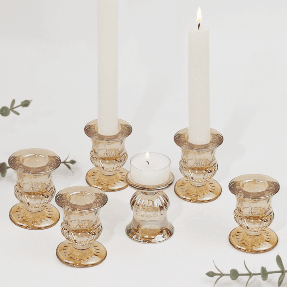 HofferRuffer Taper Glass Candle holder, Set of 6 for Table Centerpiece Wedding Decor, Gold (1.9*1.9*2.5in)