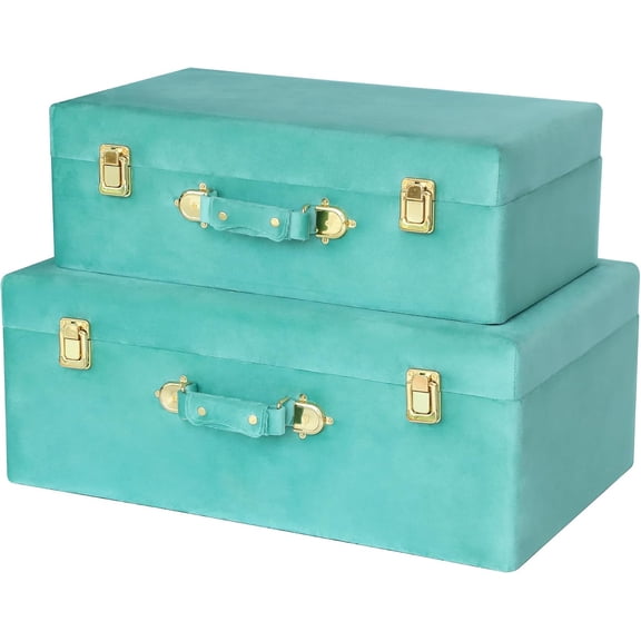 HofferRuffer Velvet Storage Trunks with Wood Frame, Set of 2 Storage Chests with Handles, Bedroom Organizer Nesting Upholstered Decorative Boxes Hinged Lid with Gold Hardware Accents (Green Trunks)
