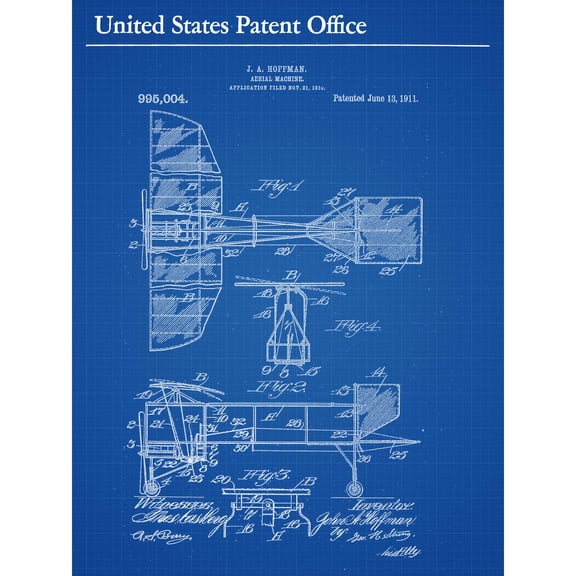 Hoffman Aerial Machine Aircraft Airplane 1911 Patent Extra Large XL Wall Art Poster Print