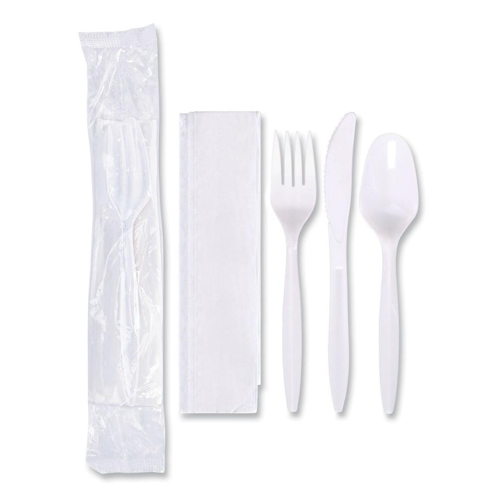Economy Cutlery Kit, Fork/Knife/Spoon/Napkin, White, 250/Carton Economy Cutlery Kit, Fork/Knife/Spoon/Napkin, White, 250/Carton