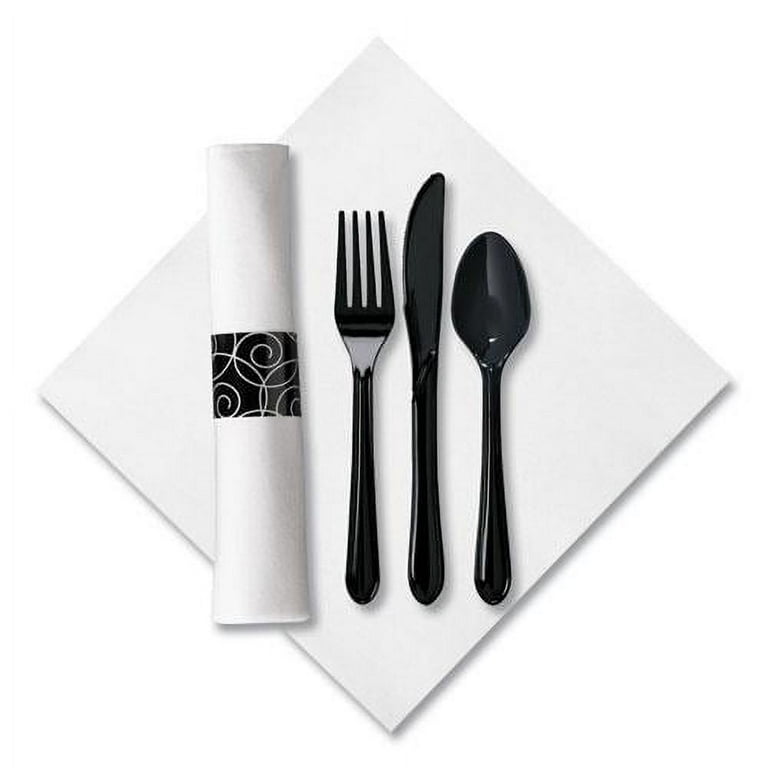 CaterWrap Heavyweight Cutlery Combo, Fork/Spoon/Knife/Napkin, Black, 100/Carton CaterWrap Heavyweight Cutlery Combo, Fork/Spoon/Knife/Napkin, Black, 100/Carton