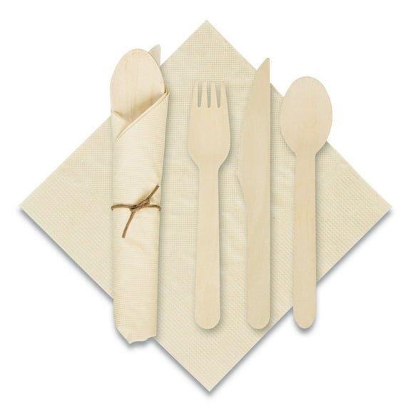 Hoffmaster Pre-Rolled Caterwrap Kraft Napkins with Wood Cutlery 6 x 12 Napkin;Fork;Knife;Spoon 7" to