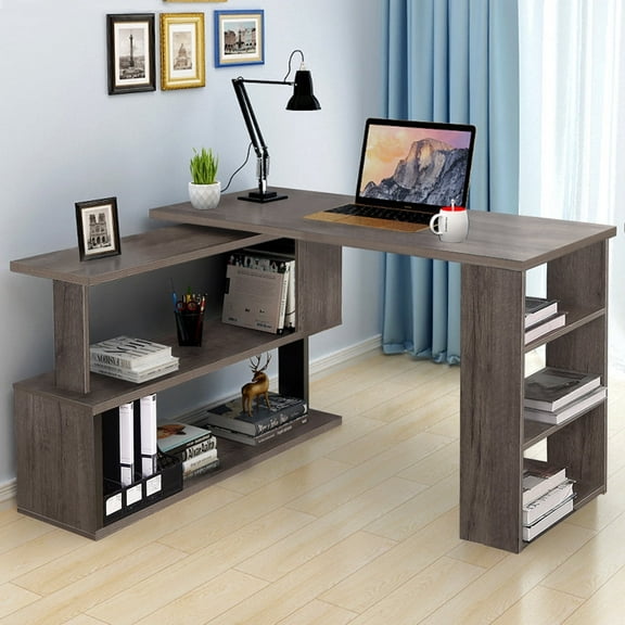 Hoffree 360° Rotating Computer Desk with Storage Large Office Desk with Open Bookshelves Corner Desk with File Cabinet Writing Desk Workstation for Home Office