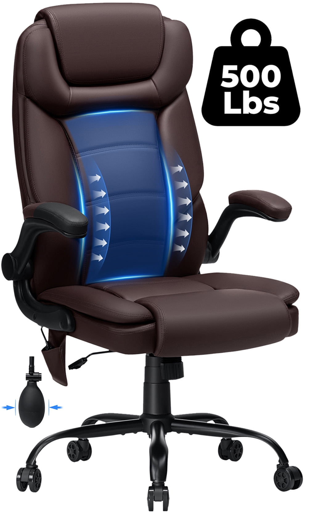 Hoffree Big and Tall Office Chair, 500LBS Executive Desk Chair with Adjustable Lumbar Support Ergonomic Computer Leather Chair with Padded Flip up Arms and Spring Cushion for Home Office
