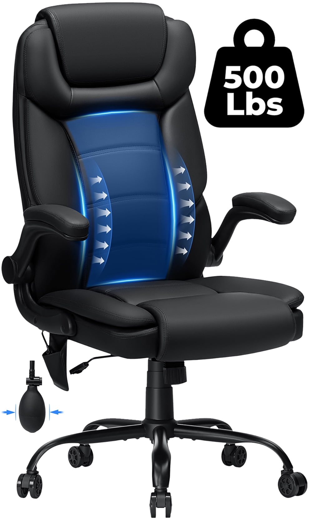 Hoffree Big and Tall Office Chair, 500LBS Executive Desk Chair with Adjustable Lumbar Support Ergonomic Computer Leather Chair with Padded Flip up Arms and Spring Cushion for Home Office