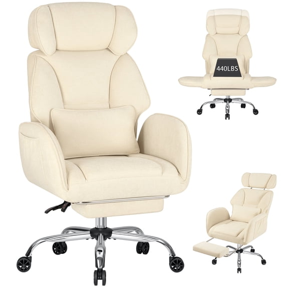 Hoffree Criss Cross Office Chair with Reversible Armrests, Big and Tall Desk Chair with Footrest, Reclining Ergonomic Computer Chair with Adjustable Headrest, Executive Fabric Chair for Home, Beige