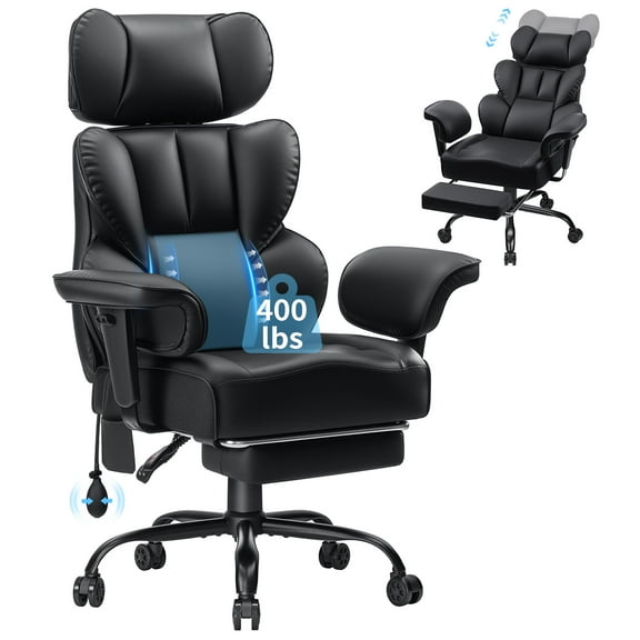 Hoffree Big and Tall Office Chair 400lbs, Ergonomic Computer Desk Chair with Adjustable Lumbar Support, Arms and Headrest , Executive Leather Chair with Saddle Shaped Seat Cushion for Home, Black