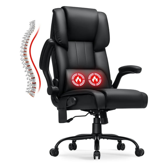 Hoffree Ergonomic Office Chair with Heated Massage Computer Desk Chair with Flip Arms High Back Executive Leather Chair Adjustable Task Chair with Lumbar Back Support for Office