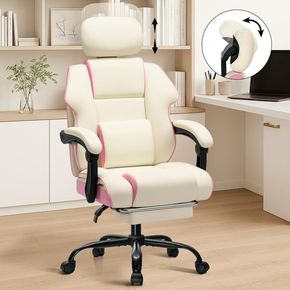 HOFFREE Executive Office Chair with Footrest White Computer Chair with Arms for Home Room and Study Leather Desk Chair with Adjustable Headrest for Teens