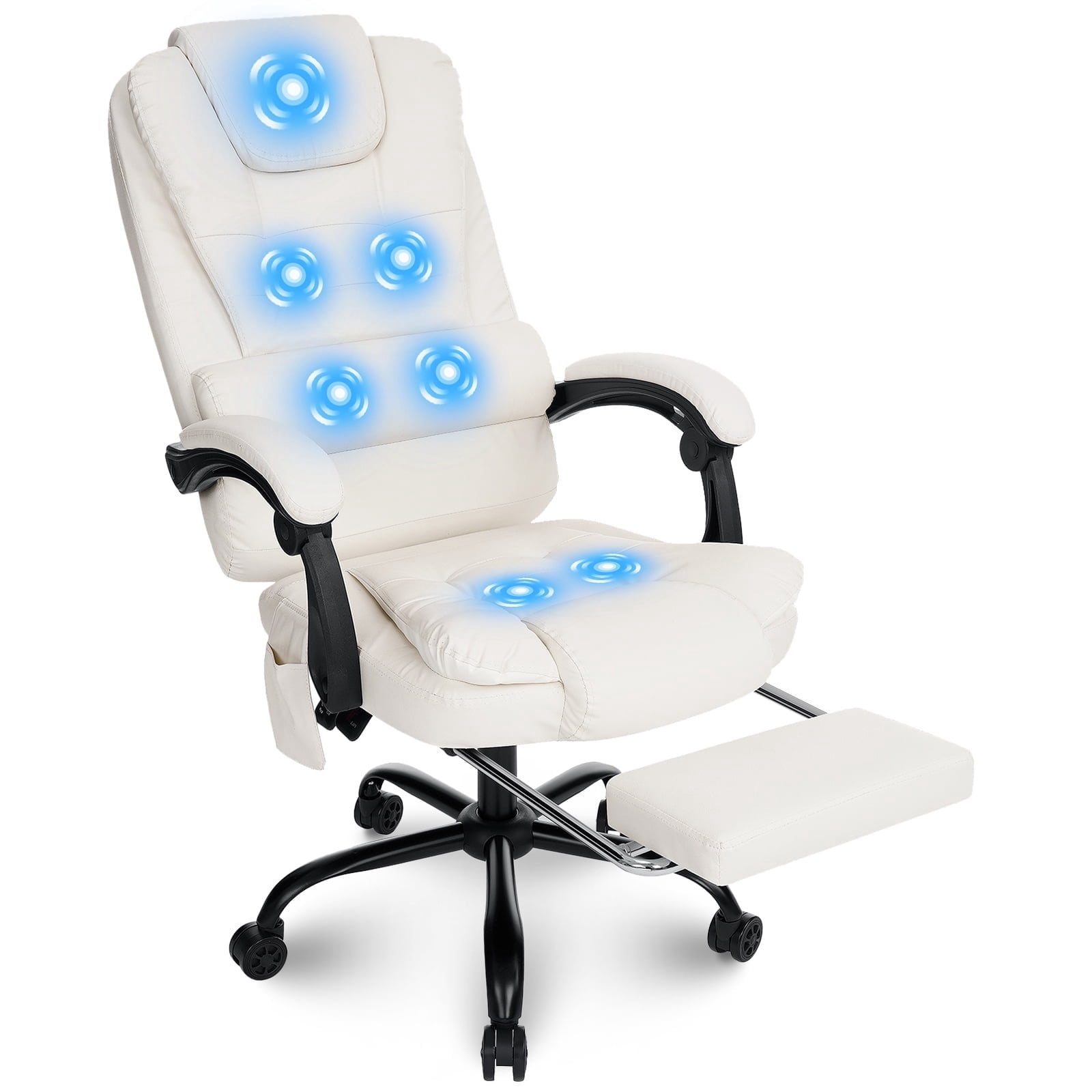 Hoffree Executive Office Chair Massage and Footrest Ergonomic Computer Desk Chair Reclining High Back Leather Office Chair Lumbar Back Support Swivel Rolling for Home Office Beige