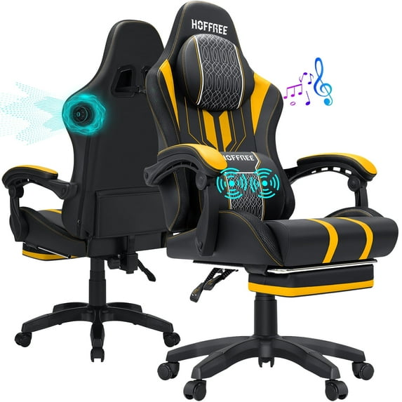 Hoffree Gaming Chair with Bluetooth Speakers Big and Tall Gamer Chair with Footrest and Massage Game Chair with Lumbar Support and 360-Swivel Seat and Headrest for Adults, 400lbs