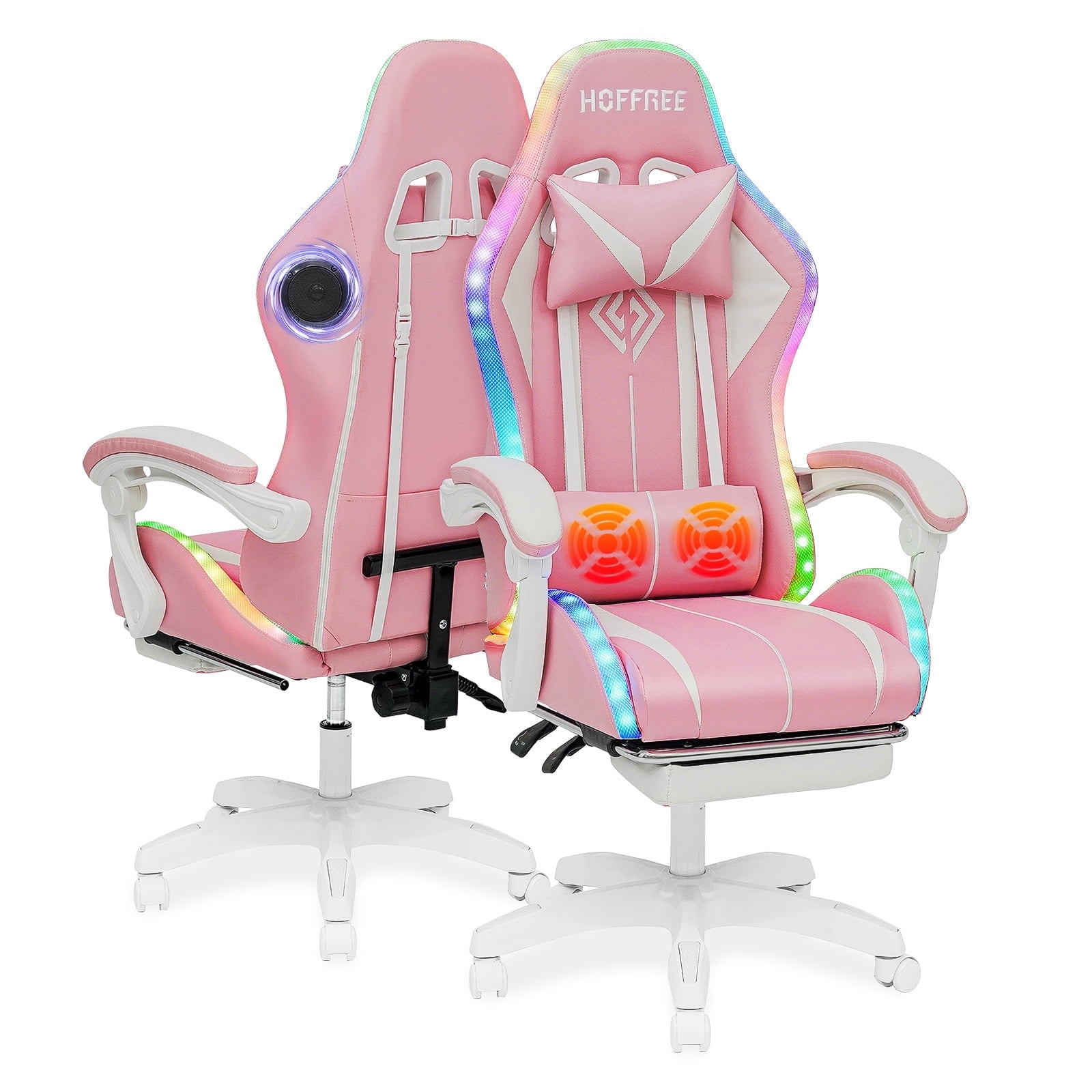 Pink and White Ergonomic Gaming Chair with LED Lights and Massage