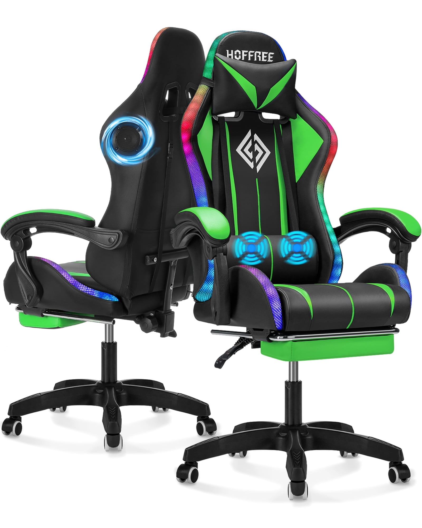 Hoffree Gaming Chair with Bluetooth Speakers and Footrest Massage Office Chair with LED Lights Ergonomic Game Chair High Back with Lumbar Support and Headrest Adjustable Swivel for Adults 300lb