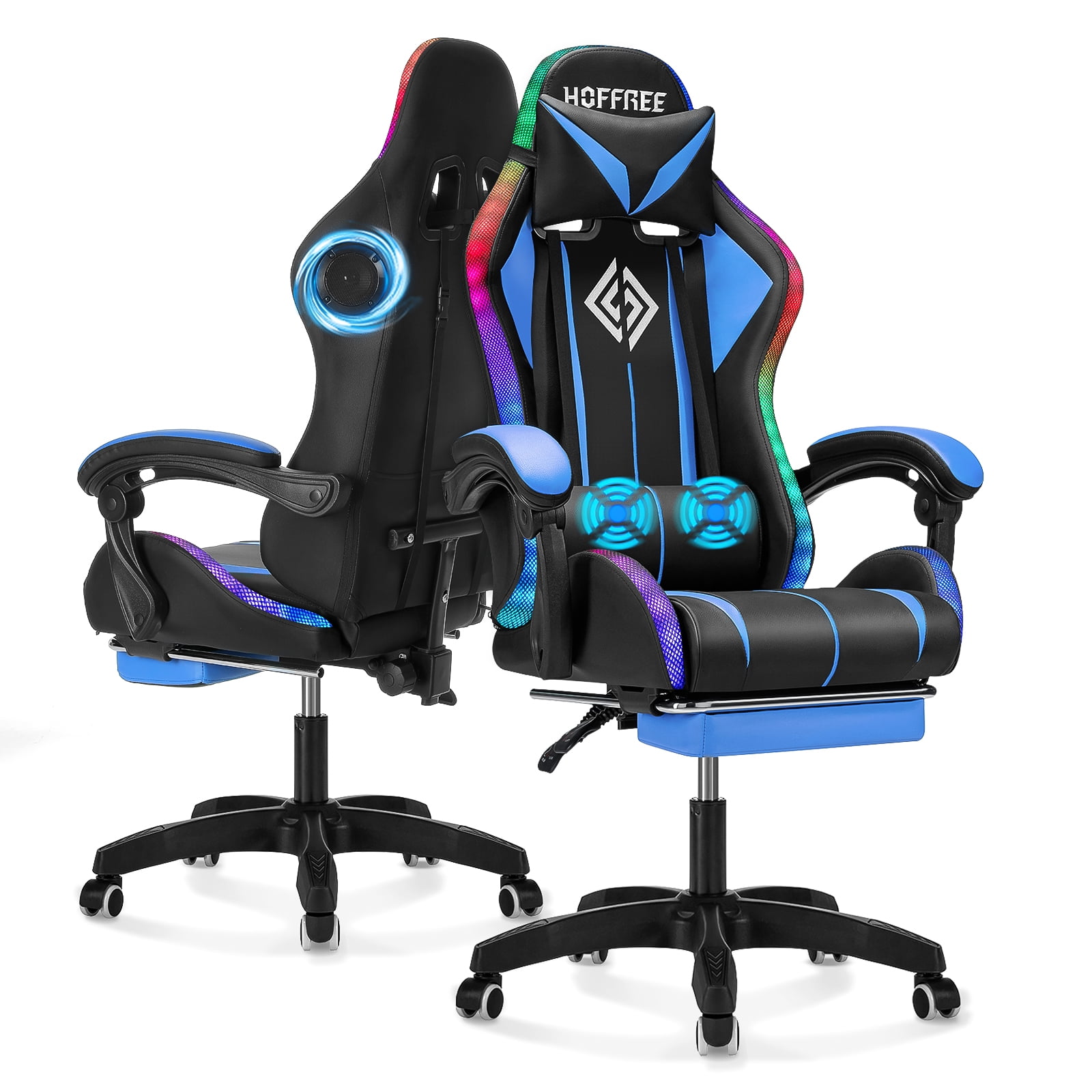Hoffree Gaming Chair with Bluetooth Speakers and Footrest Massage Office  Chair with LED Lights Ergonomic Game Chair High Back with Lumbar Support  and