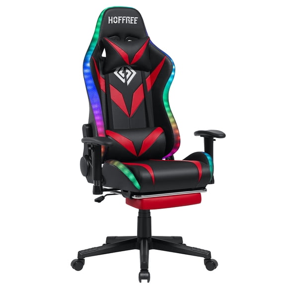 Hoffree Gaming Chair with Bluetooth Speakers Gamer Chair with Footrest and LED Lights Office Chair with Massage and Lumbar Support 2D Armrest for Home Office 300 lbs