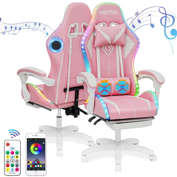 Hoffree Gaming Chair Massage Computer Chair with Footrest and Lumbar Support Height Adjustable Gamer Chair with 360°-Swivel Seat and Headrest and for Office or Gaming