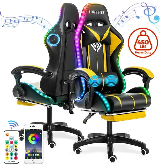 Hoffree Gaming Chair Massage Computer Chair with Footrest and Lumbar Support Height Adjustable Gamer Chair with 360°-Swivel Seat and Headrest and for Office or Gaming