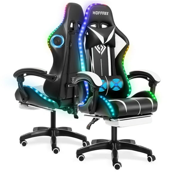 Hoffree Gaming Chair Massage Computer Chair with Footrest and Lumbar Support  Height Adjustable Gamer Chair with 360°-Swivel Seat and Headrest and for Office or Gaming