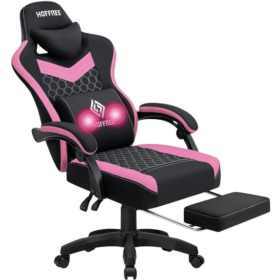 Hoffree Gaming Chair with Massage Fabric Office Chair with footrest for Adults, Ergonomic Gamer Chair with Headrest and Lumbar Support for Office Gaming, 440 LBS