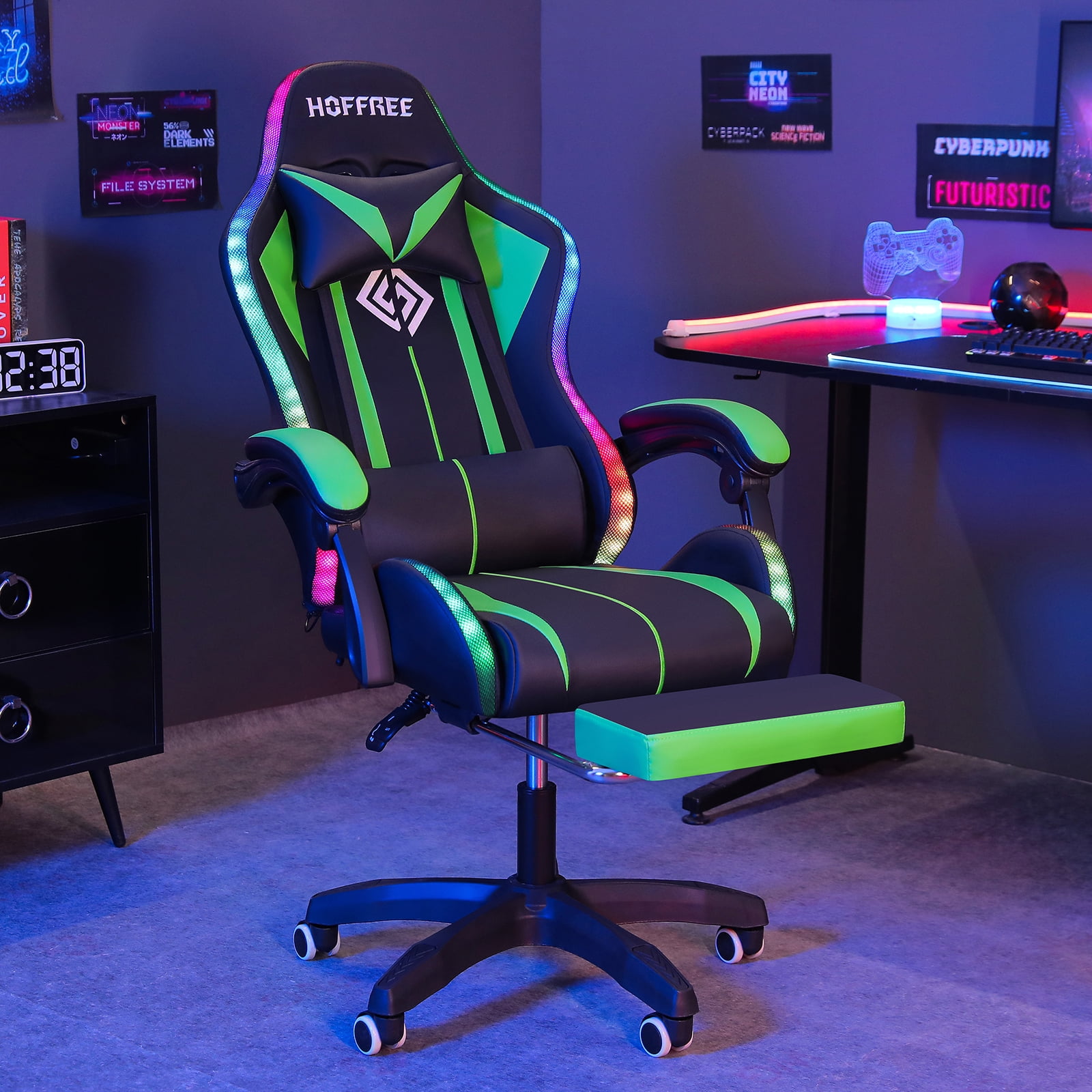 Hoffree Gaming Chair with Massage Office Chair Ergonomic Gamer Chair with  RGB LED Light Adjustable Headrest & Lumbar Support & Footrest, Adjustable