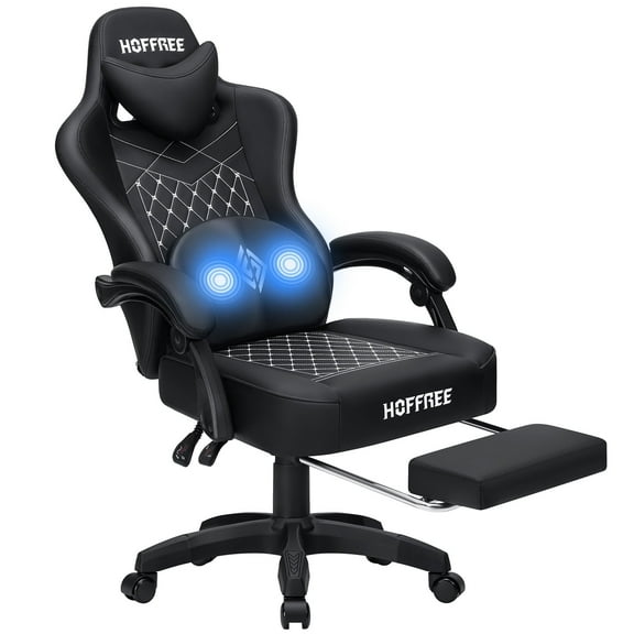 Hoffree Gaming Chair with Massage and Footrest Big and Tall Gamer Chair with Headrest and Lumbar Support PU Computer Game Chair for Adults Office Gaming, 440lbs