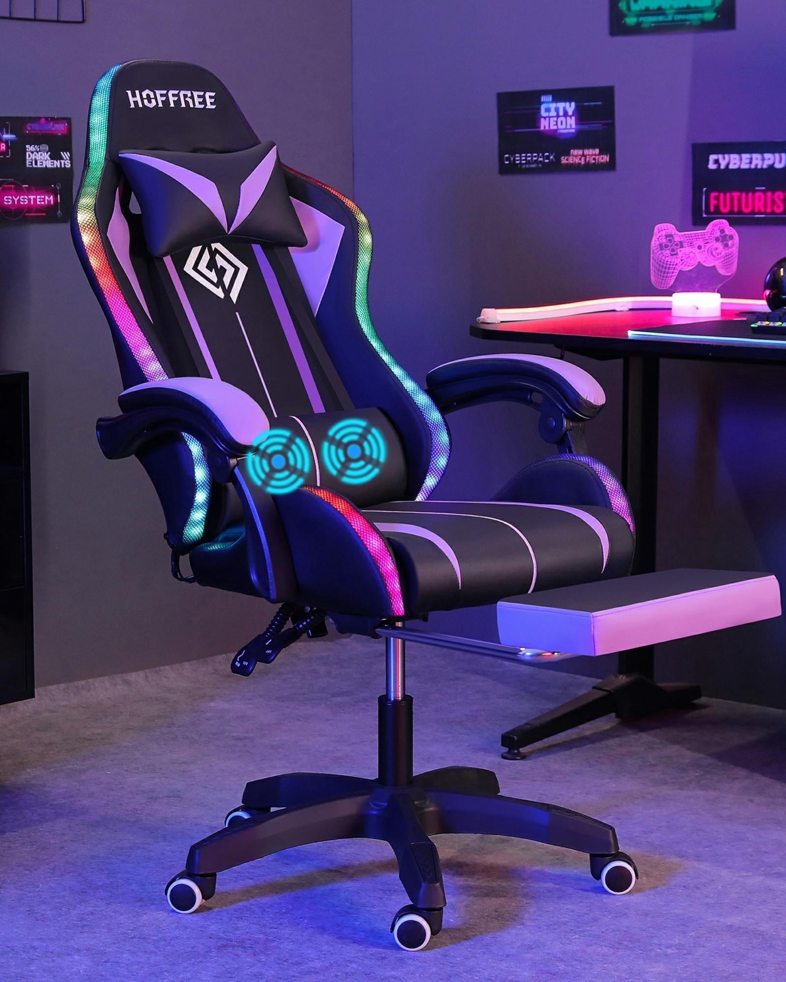 Hoffree Gaming Chair with Massage PU Leather Office Chair with Footrest and LED Light Ergonomic Gamer Chair Lumbar Support Adjustable Headrest High Back Computer Chair for Home Office
