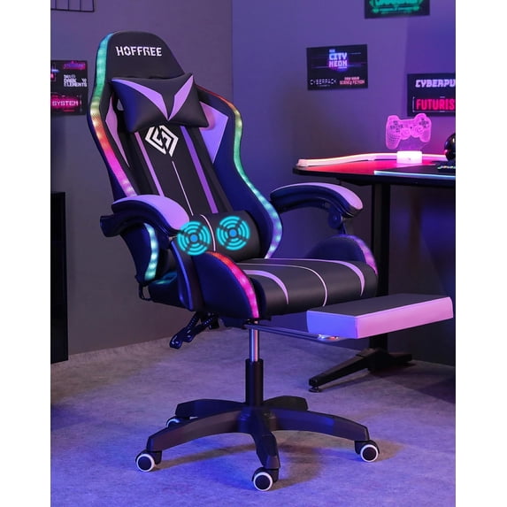 Hoffree Gaming Chair with Massage PU Leather Office Chair with Footrest and LED Light Ergonomic Gamer Chair Lumbar Support Adjustable Headrest High Back Computer Chair for Home Office