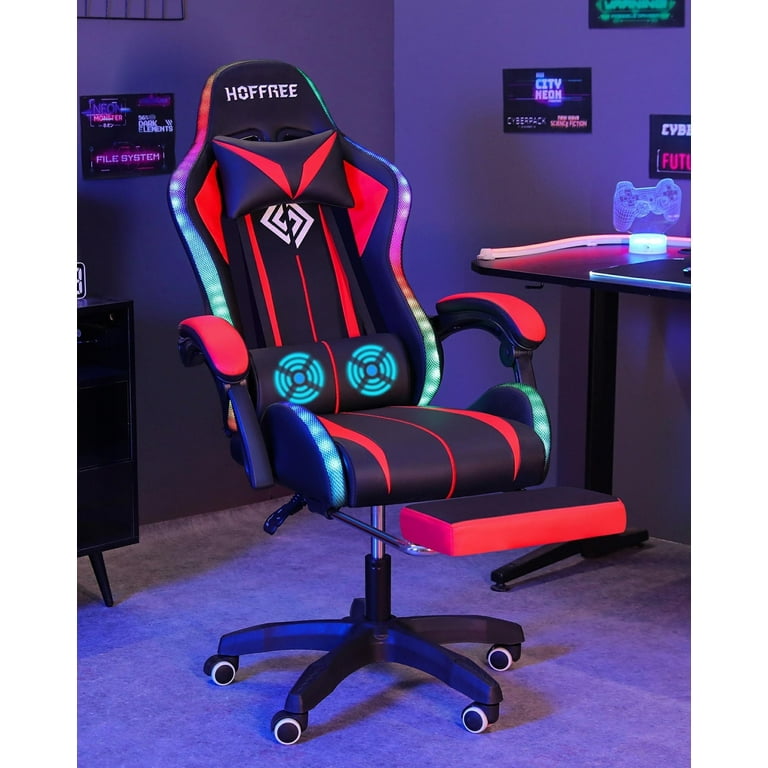 HOFFREE Gaming Chair with Massage, PU Leather, LED Lights
