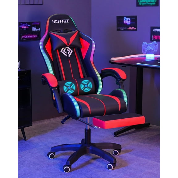 Hoffree Gaming Chair with Massage PU Leather Office Chair with Footrest and LED Light Ergonomic Gamer Chair Lumbar Support Adjustable Headrest High Back Computer Chair for Home Office