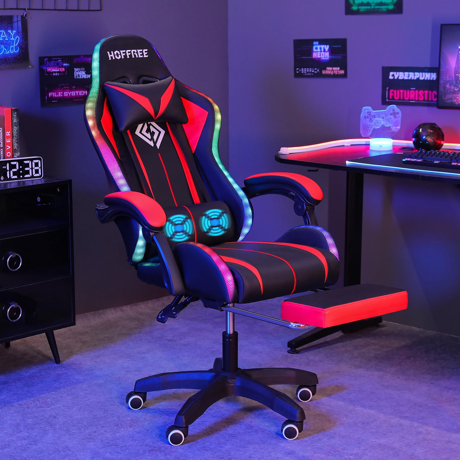 Hoffree Gaming Chair with Massage PU Leather Office Chair with Footrest and LED Light Ergonomic Gamer Chair Lumbar Support Adjustable Headrest High Back Computer Chair for Home Office