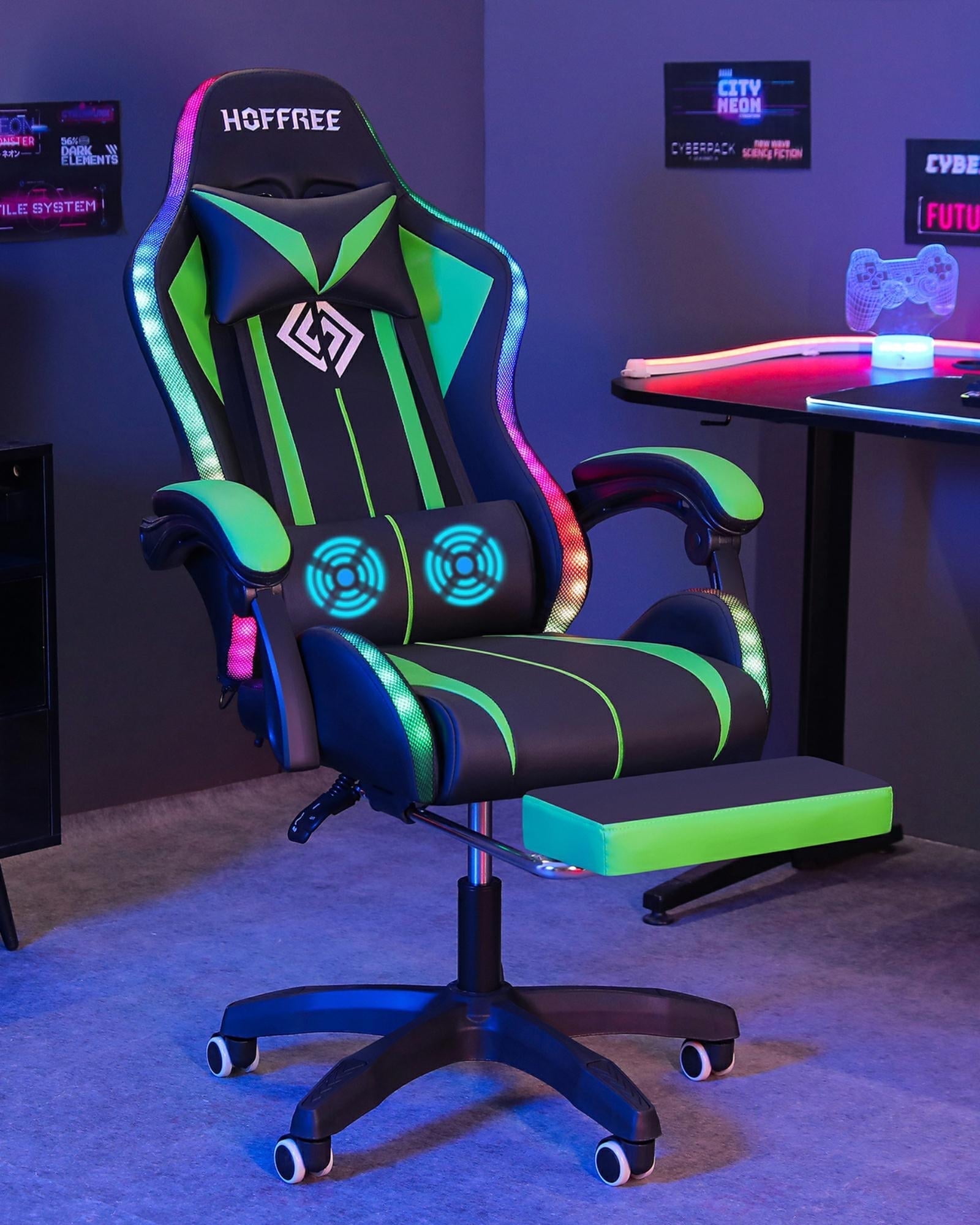 Hoffree Gaming Chair with Massage PU Leather Office Chair with Footrest and LED Light Ergonomic Gamer Chair Lumbar Support Adjustable Headrest High Back Computer Desk Chair for Home Office